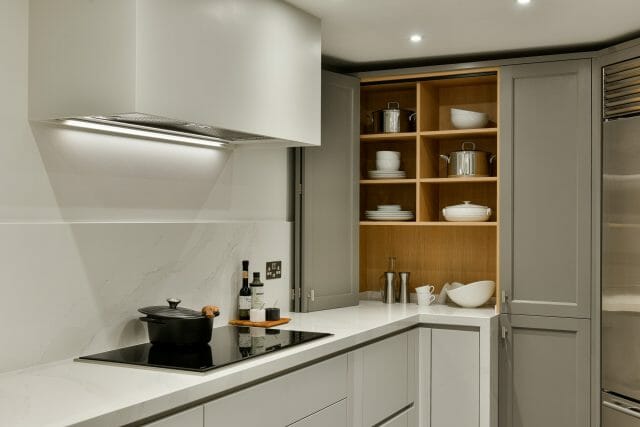 Handmade shaker kitchen with integrated open oak display shelving and handleless painted cabinets, Ashley Jay Kitchens